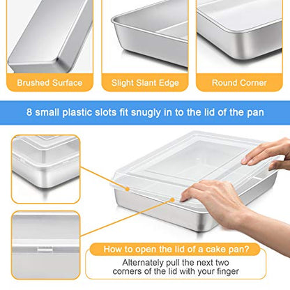 E-far Stainless Steel Baking Pan with Lid, 12⅓ x 9¾ x 2 Inch Rectangle Sheet Cake Pans with Covers Bakeware for Cakes Brownies Casseroles, Non-toxic & Healthy, Heavy Duty & Dishwasher Safe