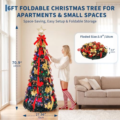 6FT Pre-Lit Pop-Up Christmas Tree with Projection Star Topper & LED Lights