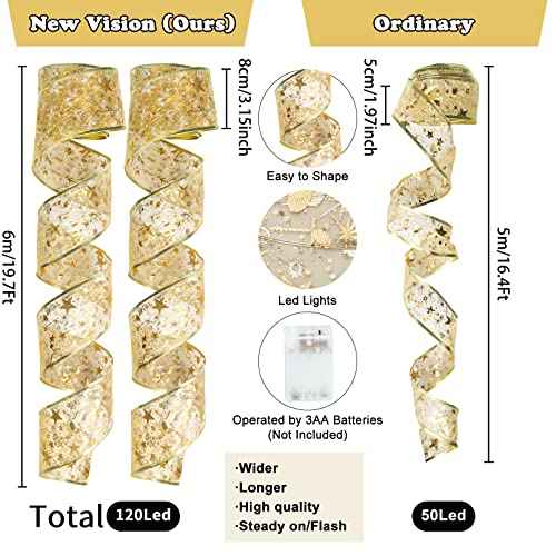 CandyHome 2 Pcs Christmas Tree Decorations, Total 40ft 120 Led Christmas Tree Ribbon Lights Battery Operated Ribbon Bows Copper Wire String Lights for Xmas Party Holiday New Year Home Decor, Gold