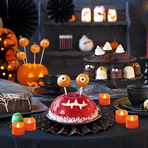 12 Pack Orange Tea Lights Battery Operated, Flameless Flickering Halloween LED Votive Tealight Candle, Outdoor Battery Flicker Electric Fake Candles Bulk for Pumpkin Christmas Fall Decorations
