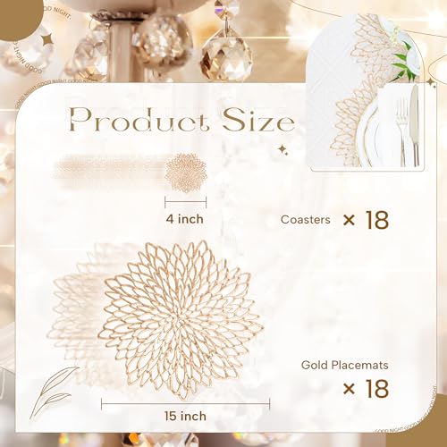 Set of 18 Gold Round Vinyl Placemats & Coasters - 15 Inch Holiday Table Decor