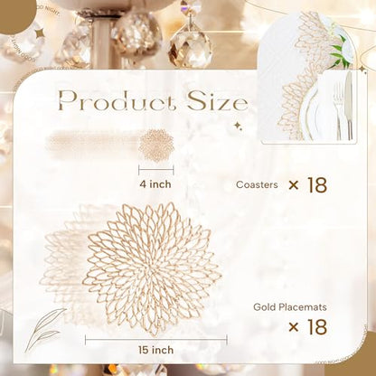 Set of 18 Gold Round Vinyl Placemats & Coasters - 15 Inch Holiday Table Decor