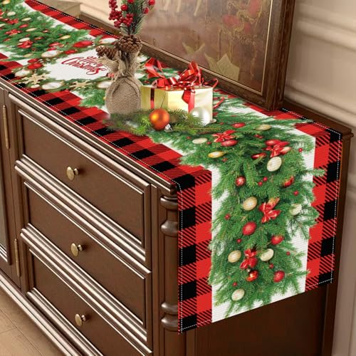 Christmas Garland Table Runner - Red & Black Buffalo Plaid, 13x90 Inches, Seasonal Holiday Decor