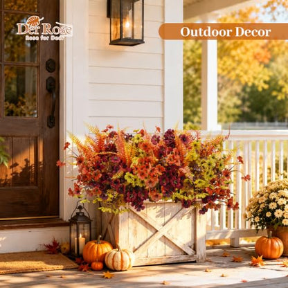 Fall Bright Orange Artificial Flowers - 24Pcs Fall Mums & Ferns for Outdoor Decor