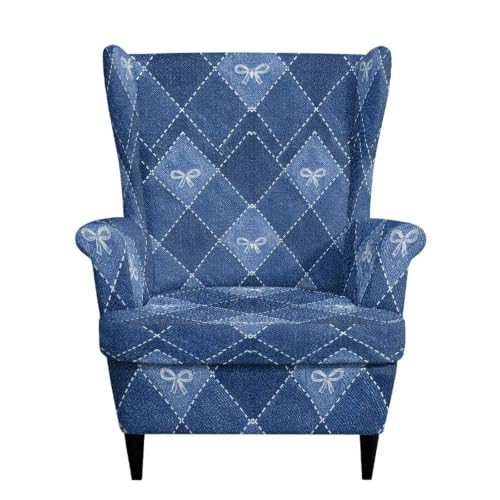 Blue Wingback Chair Slipcover Plaid Bow Pattern Durable Stretch Fit