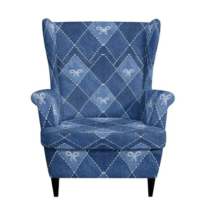 Blue Wingback Chair Slipcover Plaid Bow Pattern Durable Stretch Fit
