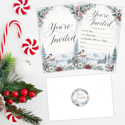 25Pcs Christmas Party Invitations with Envelopes and Stickers – Winter Holiday Set
