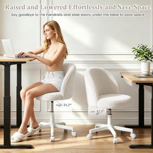 White Vanity Chair with Backrest - Girls Desk & Makeup Stool, Adjustable & Swivel