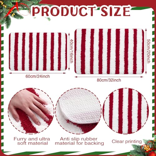 Newwiee 4 Pcs Christmas Bathroom Set with Red and White Striped Rugs and Towels - Holiday Decor