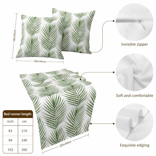 Queen Size Bed Runner with Matching Pillow Covers - Green Palm Leaves 83x20 in Forest