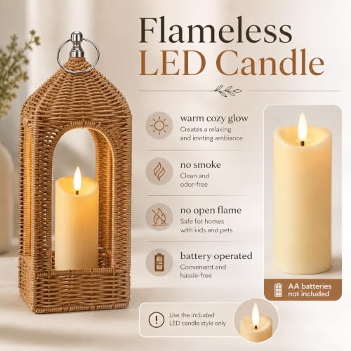 14.5 Inch Natural Rattan Lantern with Flameless LED Candle - Boho Decor