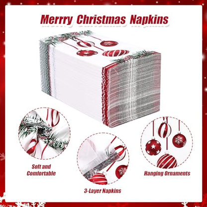 Christmas Disposable Paper Napkins with Pine Cone & Ornament Design - 100 Pack