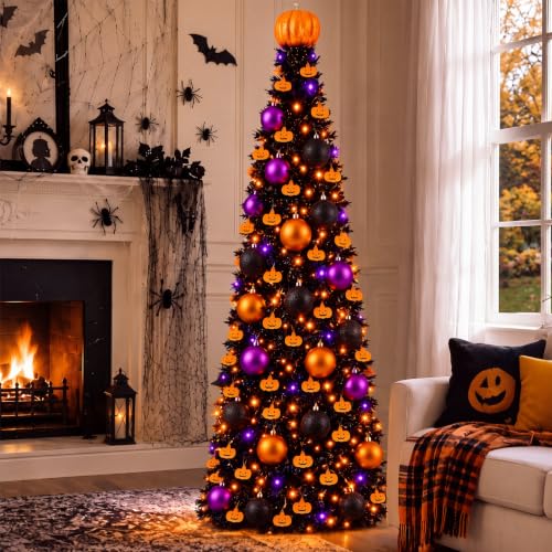 Halloween Pop-up Black Wire Tree with Pumpkin Top, 5ft Tinsel Tree with Lights & Ornaments - Variation of THIS listing