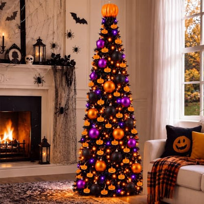 Halloween Pop-up Black Wire Tree with Pumpkin Top, 5ft Tinsel Tree with Lights & Ornaments - Variation of THIS listing