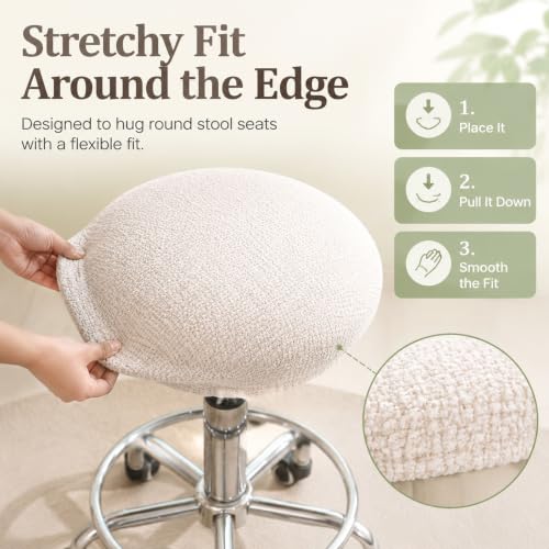 Beige Elastic Linen Textured Round Bar Stool Cover - Fits 10-14 Inches (S)