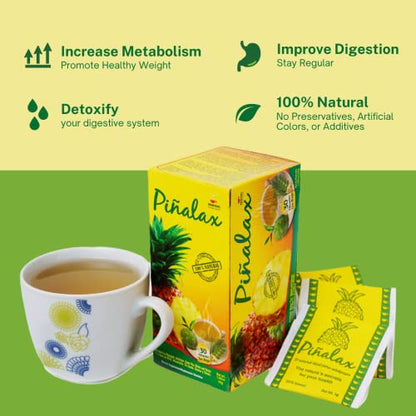 PINALAX Pineapple Piña 100% Natural Blend Detox-Tea promotes digestion | Artichoke, Green Tea, Stevia, Yacon, Senna, Horsetail, and Fennel | 30 Tea Bags