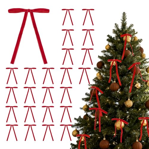 Red Velvet Bow Christmas Tree Ornaments - 24 Pack Holiday Decorations