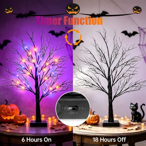 Halloween Decor Indoor 26-Inch Black Tree with Orange and Purple LED Lights - Orange Purple Variation