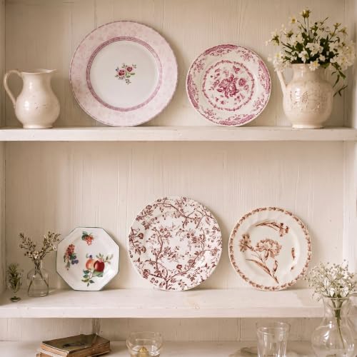 Yiyiring 5-Piece Vintage Ceramic Wall Sculpture Plate Set - Floral Red & White