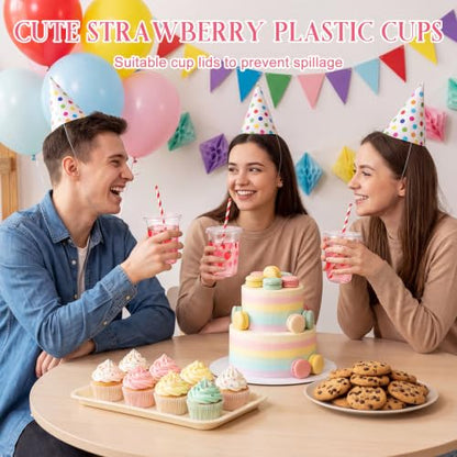 Red Strawberry Party Cups Set of 50 with Lids & Straws - 16oz Disposable Plastic