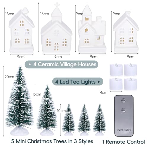 Lighted Christmas Village Set of 4 Ceramic Houses & 5 Christmas Trees Winter White Glazed Holiday Decor