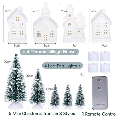 Lighted Christmas Village Set of 4 Ceramic Houses & 5 Christmas Trees Winter White Glazed Holiday Decor