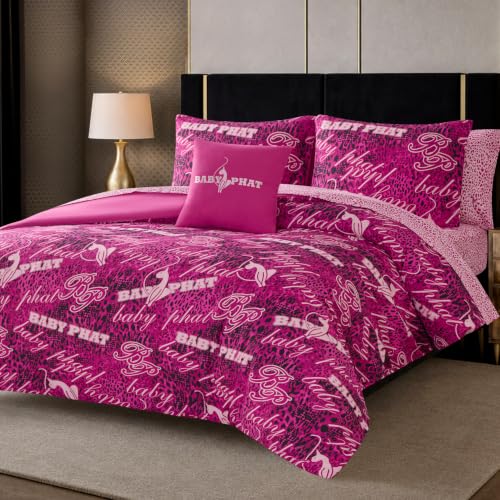 Baby Phat Tossed Logo 8-Piece Bed in a Bag Queen Pink - Reversible Bedding Set