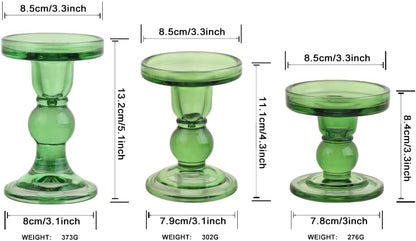 Skiennix 3-Piece Green Glass Candlestick Set - Elegant Crystal Holders for Weddings & Home Decor