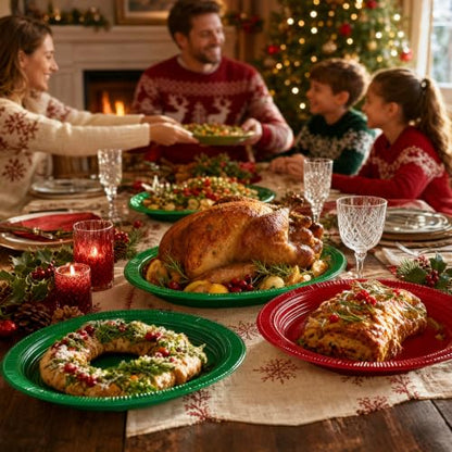 WELLIFE Red & Green Oval Plastic Plates 100 Pack - 12 Inch Disposable Christmas Dinnerware