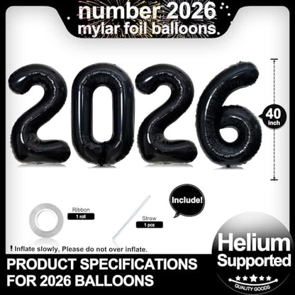 Black 2026 Number Balloons - 40 Inch Giant Foil Party Decor for New Year, Graduation, Christmas