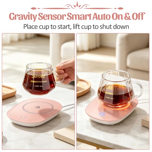 Pink Heated Mug Set with Glass Mug, Auto On/Off Coffee Warmer & Gift Box