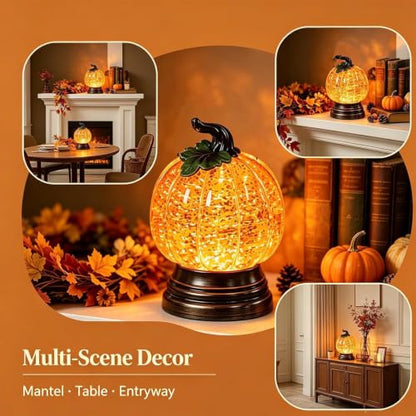 Glitter Lighted Pumpkin Snow Globe - Halloween Decor with Warm Orange LED - Without Battery
