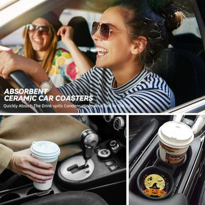 Halloween Pumpkin Car Coasters for Cup Holders - Yellow, 2.56 Inch Set