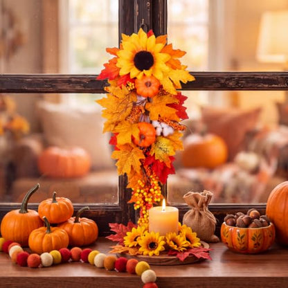 Cindeer 2 Pcs Fall Teardrop Swags for Front Door Decor Sunflowers Pumpkin