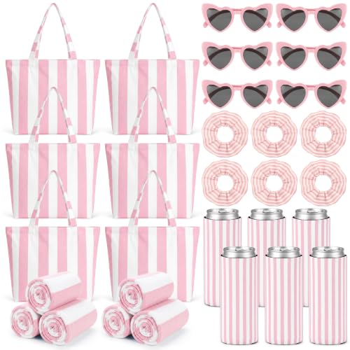Pink Beach Party Favor Set - Striped Tote Bags, Towels, Heart Sunglasses, Can Sleeves & Hair Scrunchies