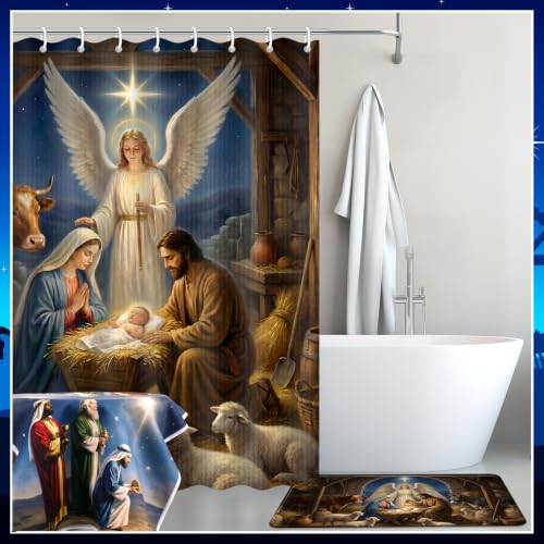 Christmas Nativity Shower Curtain Set with Rug Bathroom Accessories - Angel Design