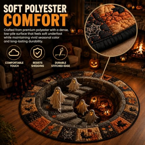 3D Haunted Staircase Round Rug - Optical Illusion Halloween Mat 39.4in Diameter