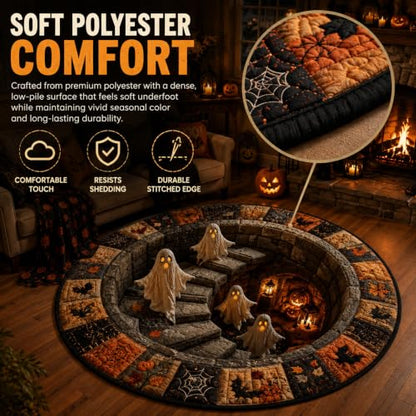 3D Haunted Staircase Round Rug - Optical Illusion Halloween Mat 39.4in Diameter