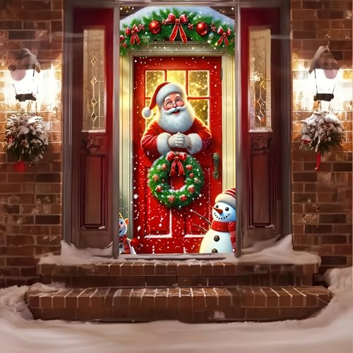 Christmas Door Cover Santa Pine Greenery 35x71 Inch Holiday Decor - Green & Red