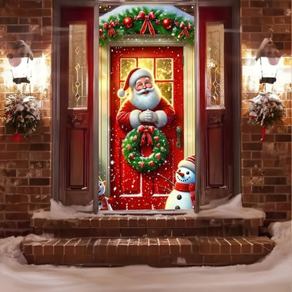 Christmas Door Cover Santa Pine Greenery 35x71 Inch Holiday Decor - Green & Red