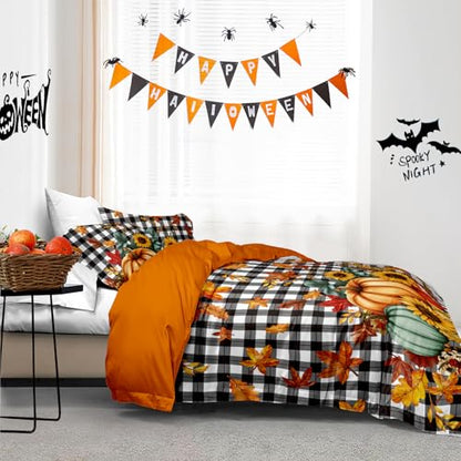 Halloween Duvet Cover Set King Size 3 Pieces - Pumpkin Sunflower Maple