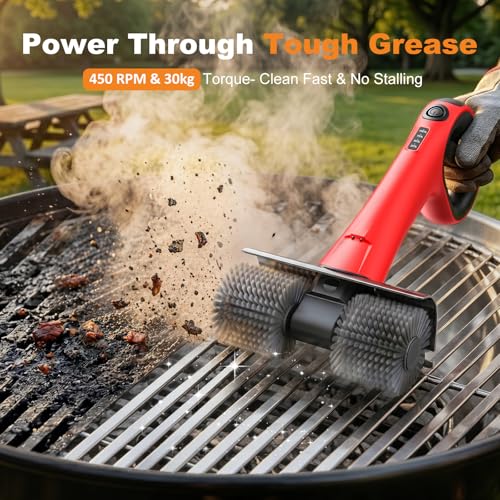 Electric Grill Brush for Outdoor Grills - Red Cordless BBQ Cleaner with Dual Rotating Heads, 450 RPM Motor, 6-Piece Replacement Set