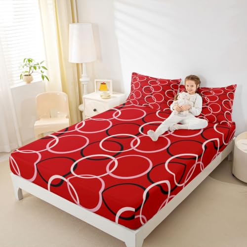 Manfei Abstract Circles Bed Sheets Queen Size - Bright Red Geometric Bedding Set with Fitted, Flat & Pillowcases