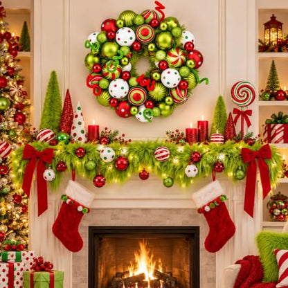 14 Inch Christmas Wreath with Red, Green & White Ornaments for Front Door