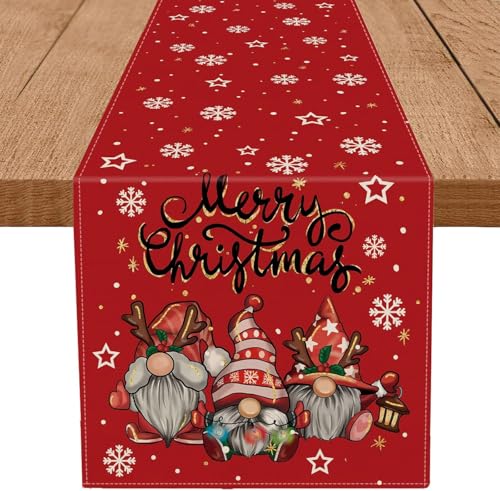 Christmas Gnomes Table Runner 13x36 Inch Red Snowflake Holiday Decor Glitter
