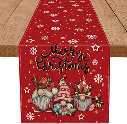 Christmas Gnomes Table Runner 13x36 Inch Red Snowflake Holiday Decor Glitter