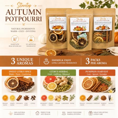 3 Pack Fall Simmer Potpourri Bags with Dried Fruits & Spices - Autumn Pumpkin Scented
