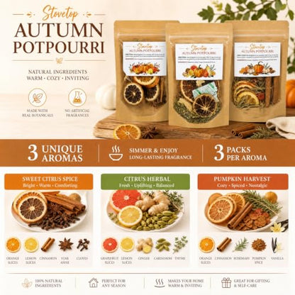 3 Pack Fall Simmer Potpourri Bags with Dried Fruits & Spices - Autumn Pumpkin Scented