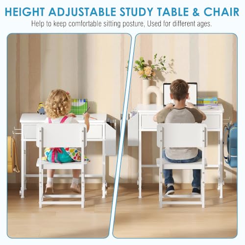 Height Adjustable Kids Desk and Chair Set for 3-12 Years - Study Table with Storage