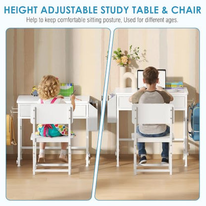 Height Adjustable Kids Desk and Chair Set for 3-12 Years - Study Table with Storage